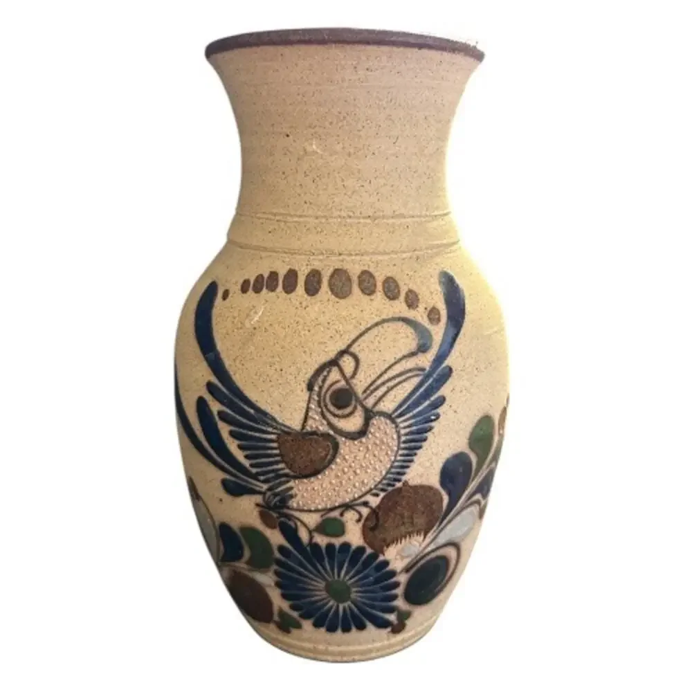 Vintage Tonala Hand Created Sandstone Pottery Bird Vase